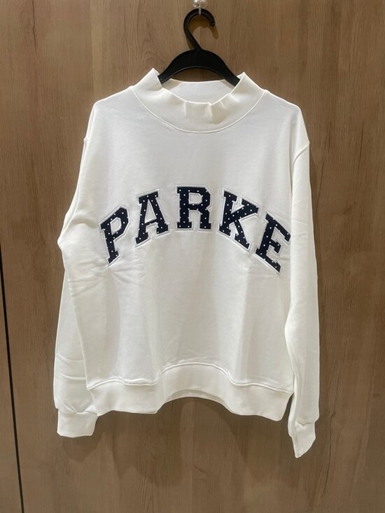 Parke Tops - Women’s Parke White Mock Neck Casual Pullover Sweatshirt With Varsity Applique